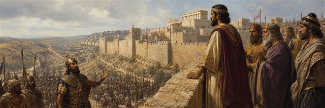 King Hezekiah and officials listening as an Assyrian commander threatens Jerusalem